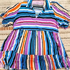 Colorful Stripe plus size mini shirt dress.